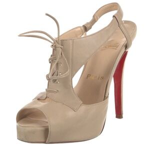 Christian Louboutin Beige Leather Lace-Up Peep Toe Slingback Platform Pumps 36